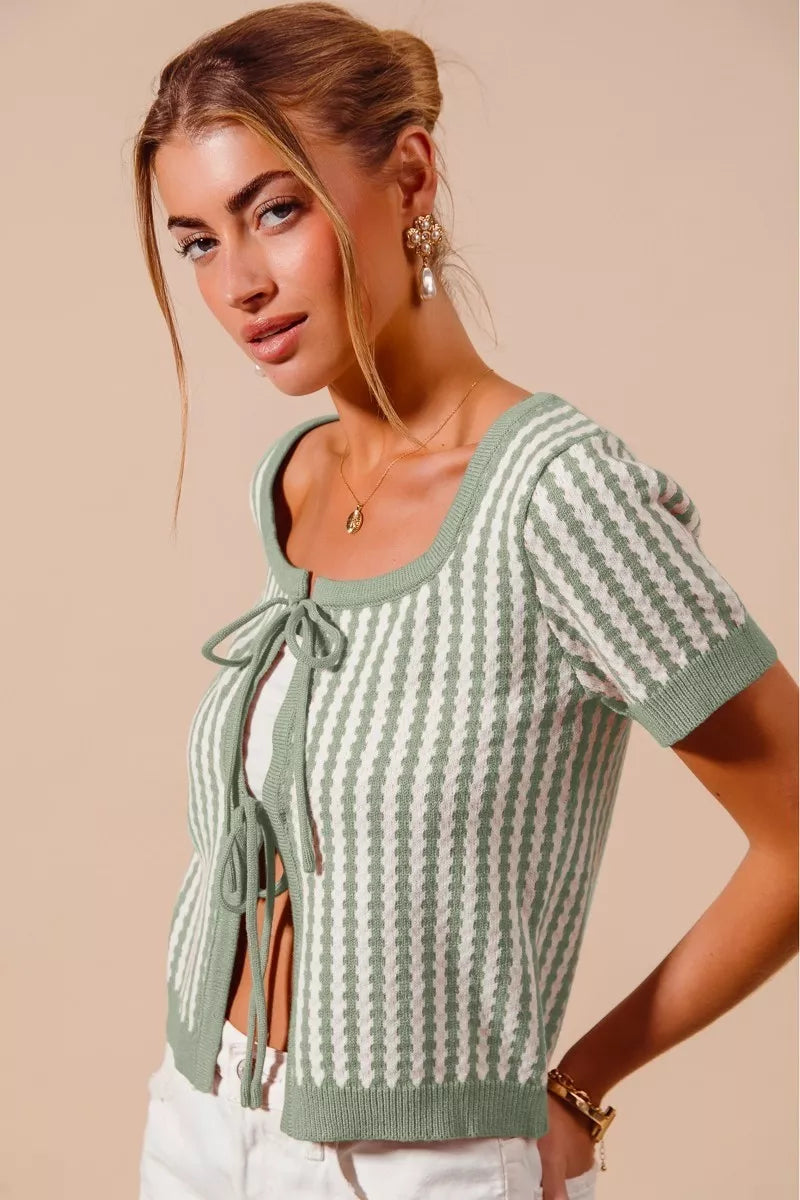 Tie-front striped short sleeve knit cardigan