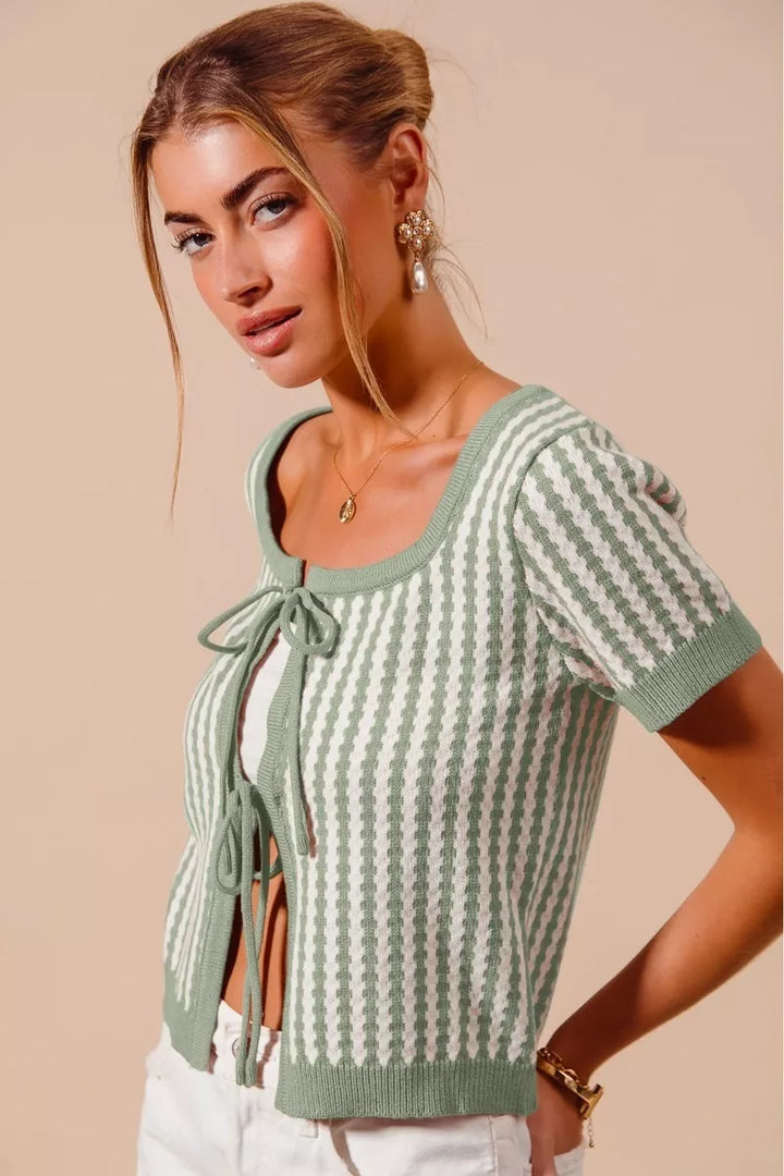 Tie-front striped short sleeve knit cardigan