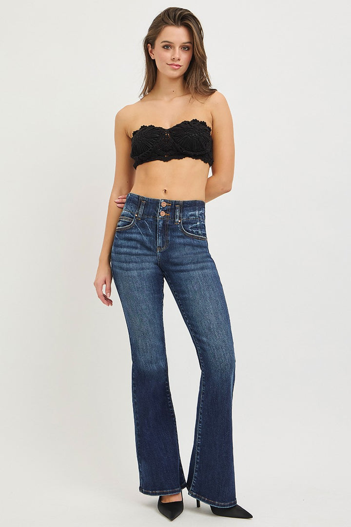 High-rise flare jeans with seam-detail waistband
