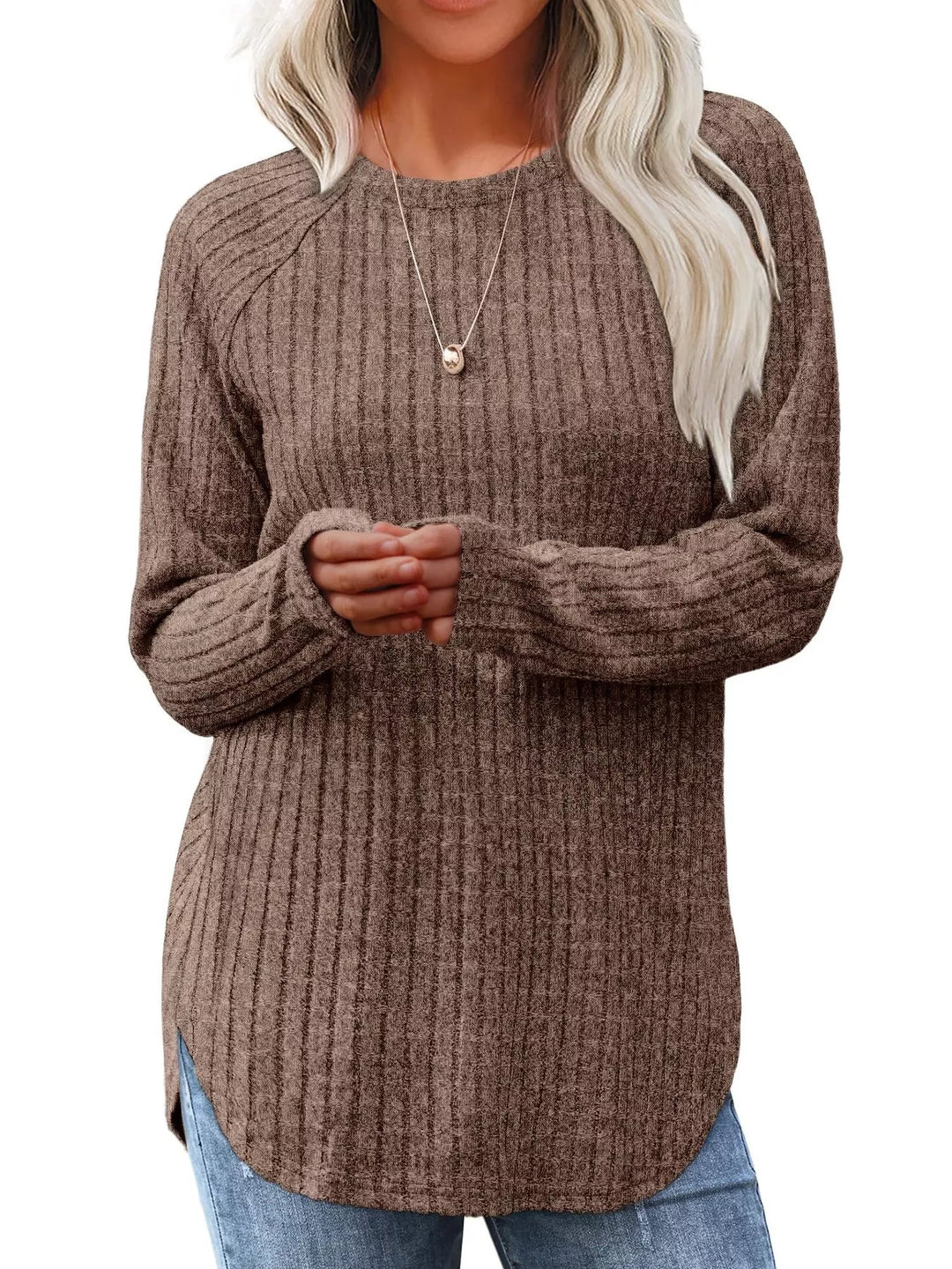 Brown Ribbed knit crew neck long sleeve top with curved hem