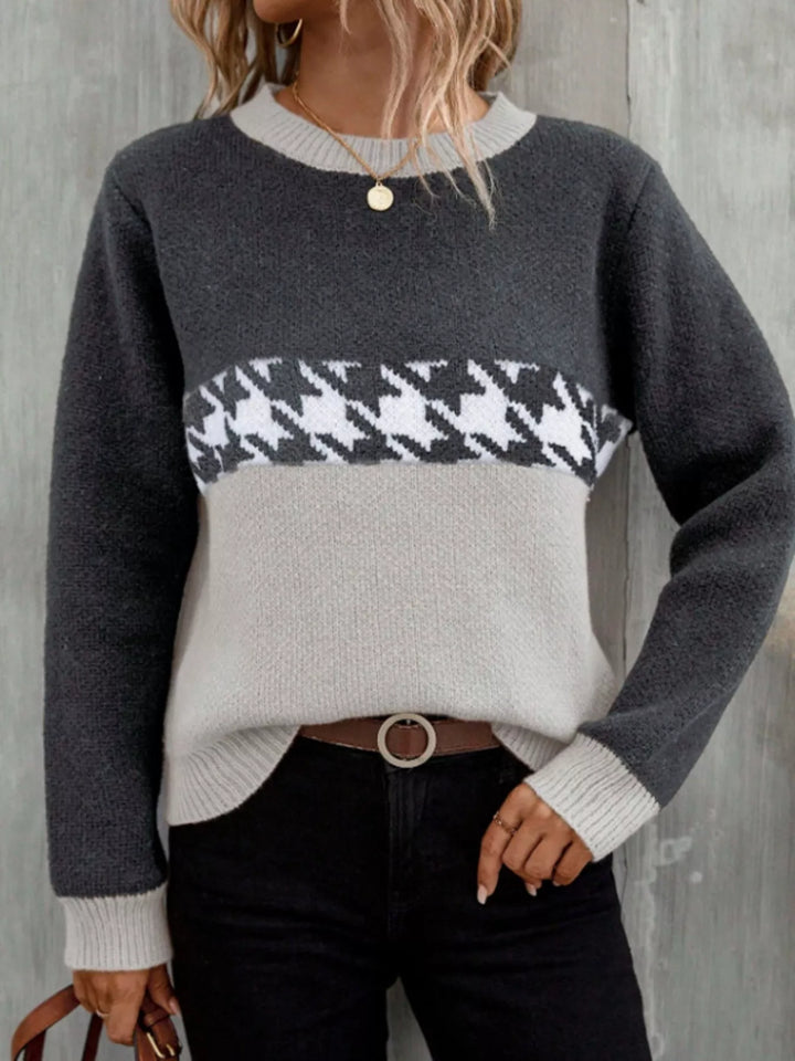 Color block houndstooth crew neck sweater