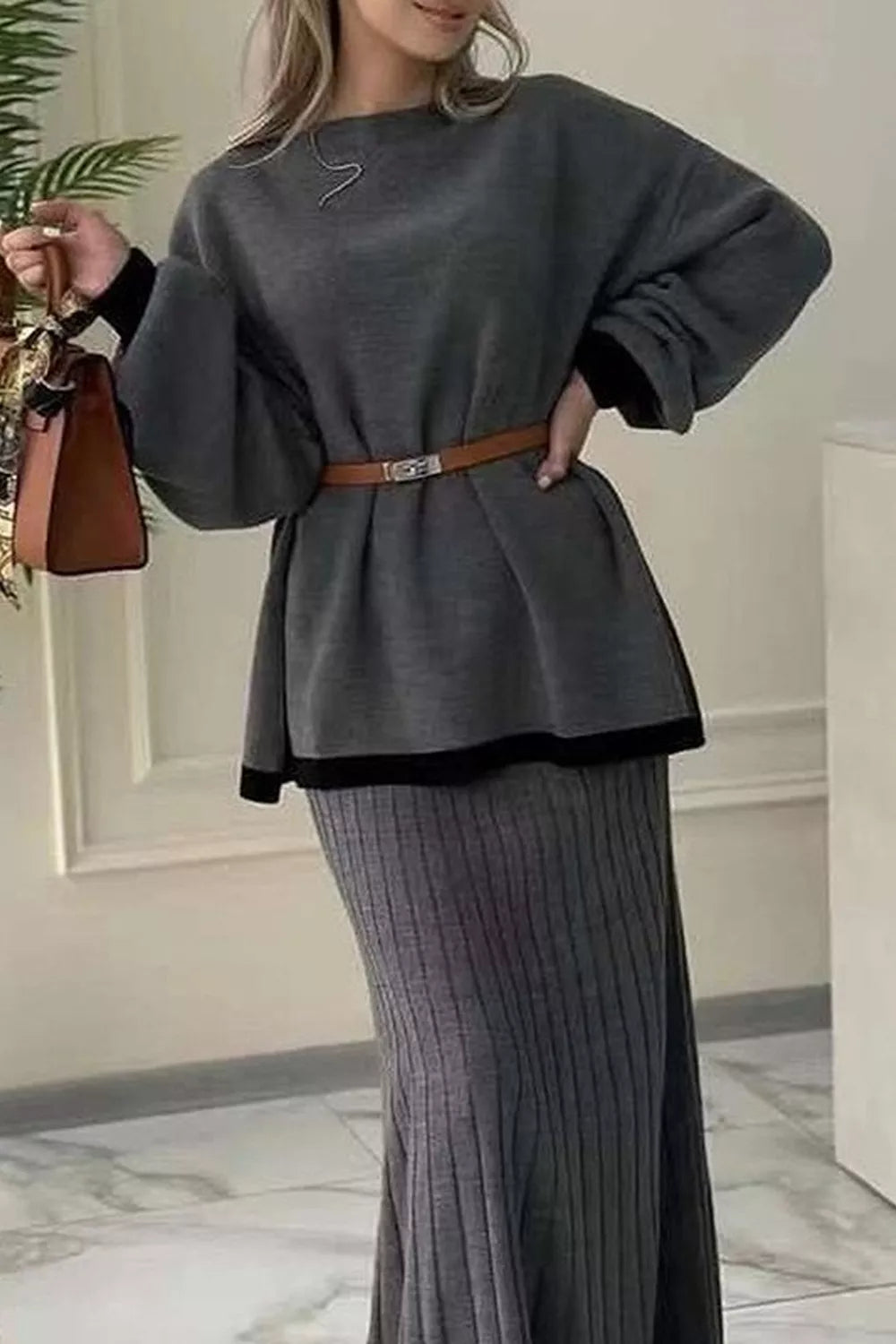 Dark Gray Contrast trim knit sweater top and ribbed maxi skirt set