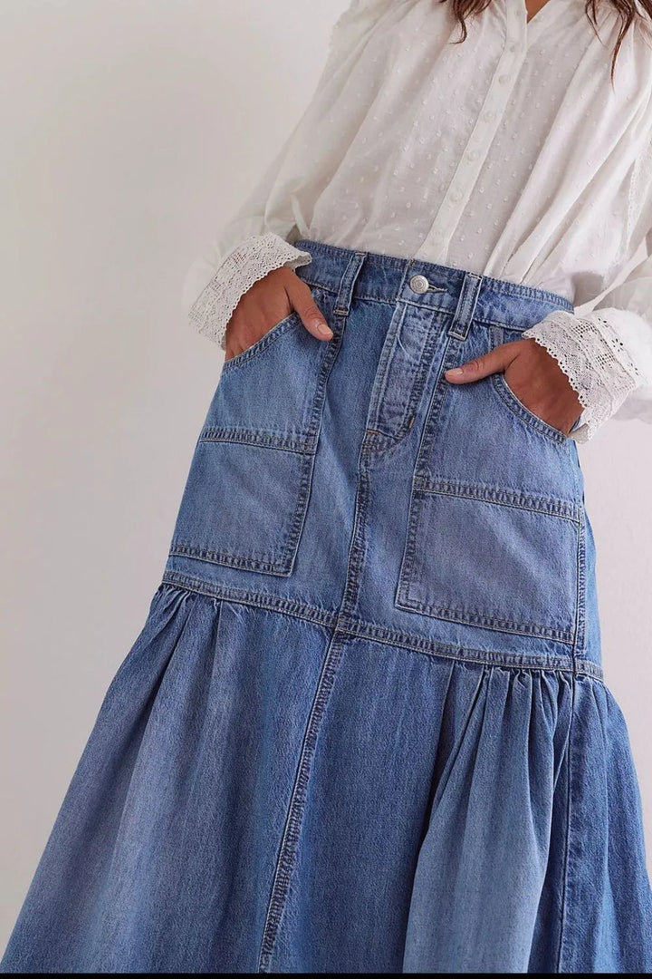 High-rise tiered midi denim skirt with patch pockets