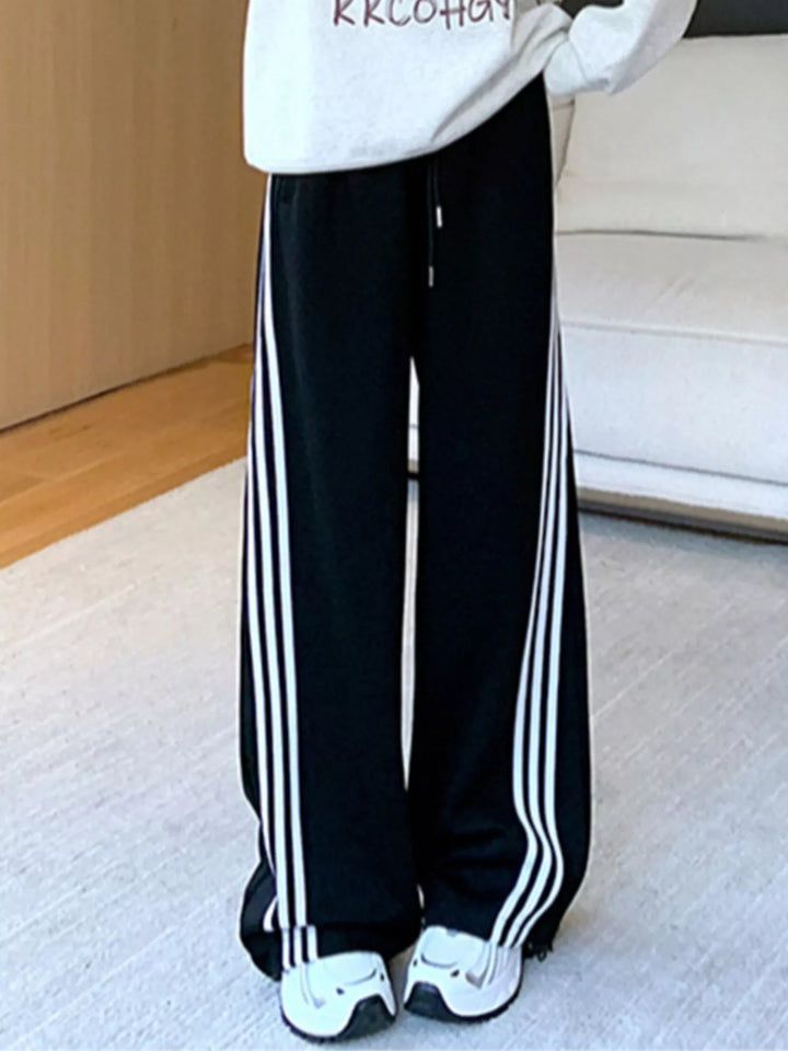 Black Side-stripe wide-leg track pants with drawstring waist