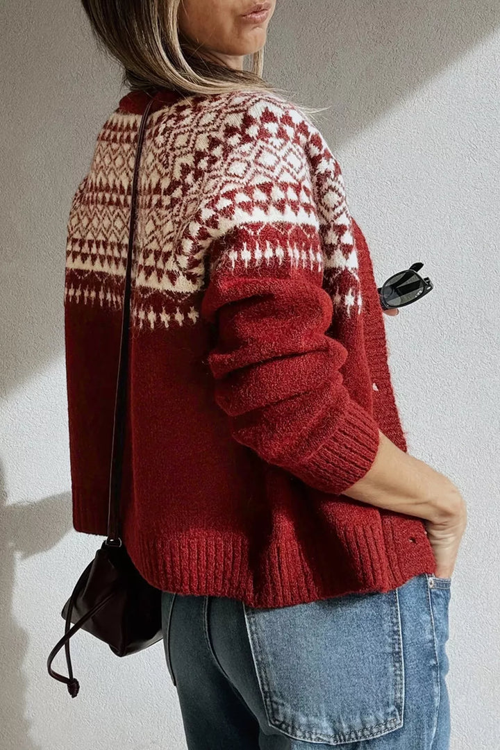 Fair isle geometric knit button-front cardigan