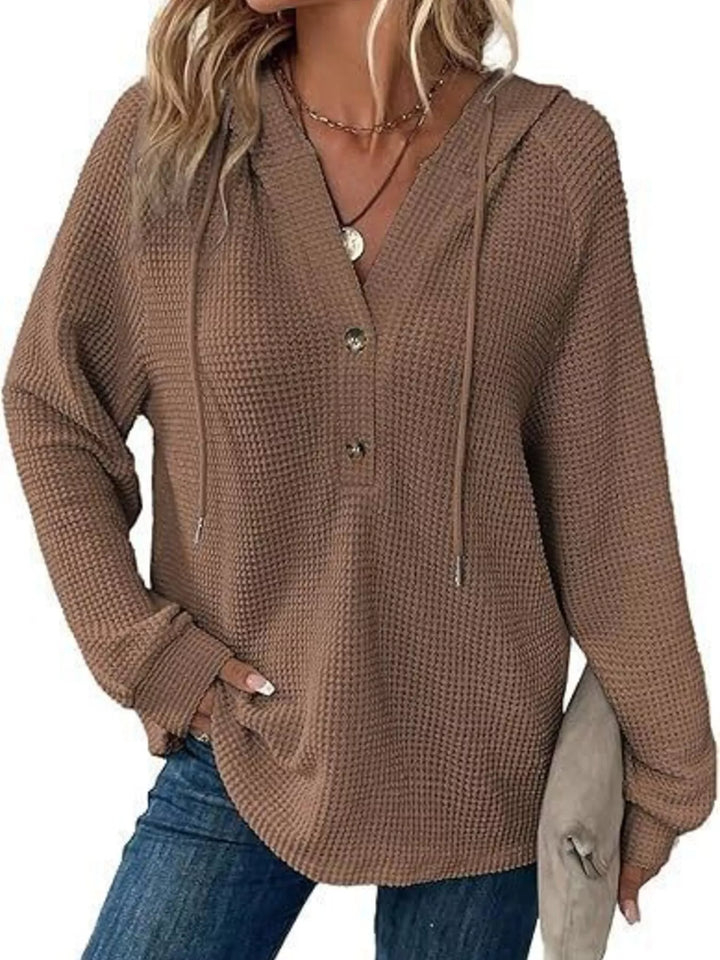 Brown Button-detail waffle knit hoodie with drawstring hood