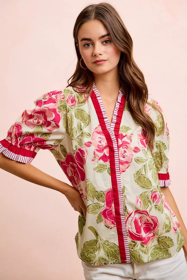 Floral rose cotton blouse with contrast trim and ruffle cuffs