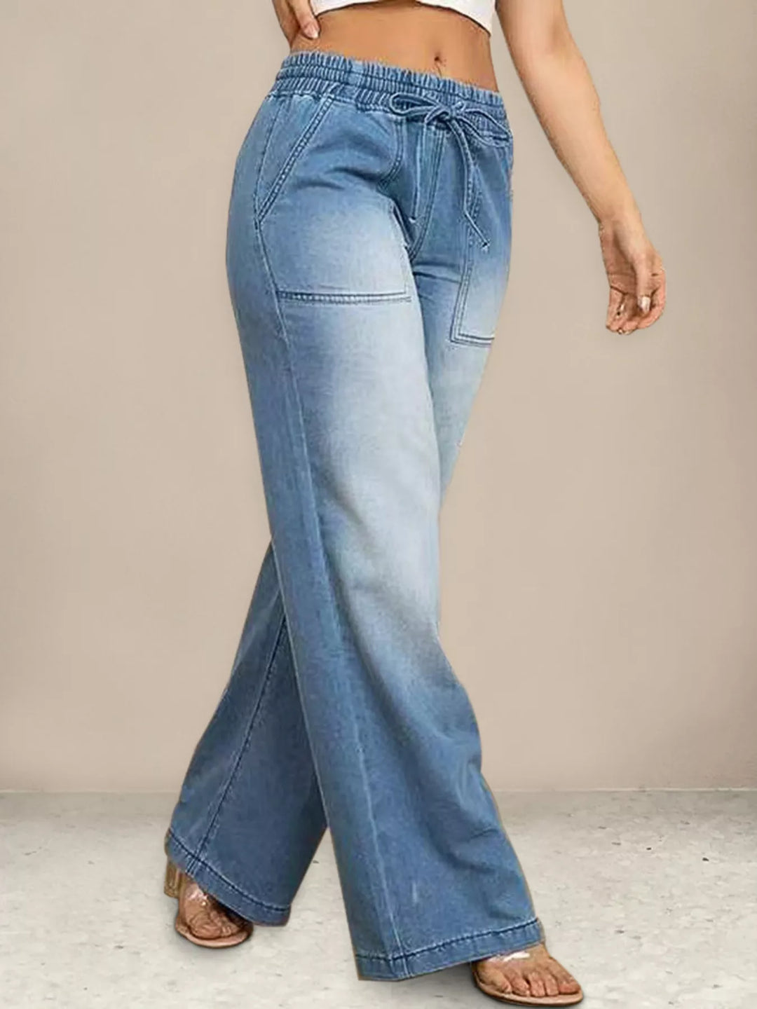 Drawstring elastic-waist wide-leg jeans with patch pockets