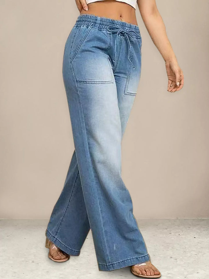 Drawstring elastic-waist wide-leg jeans with patch pockets