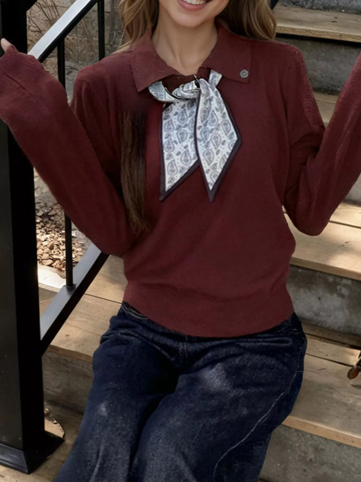 Scarf-tie collared long sleeve knit sweater