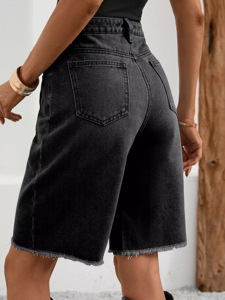 Distressed high-rise denim bermuda shorts with frayed hem
