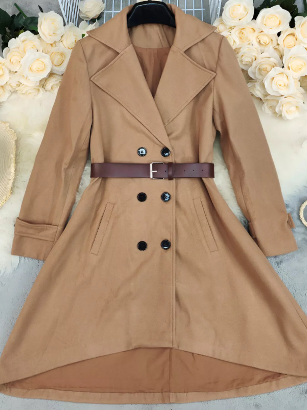 Khaki Double-breasted belted midi coat with notch lapel