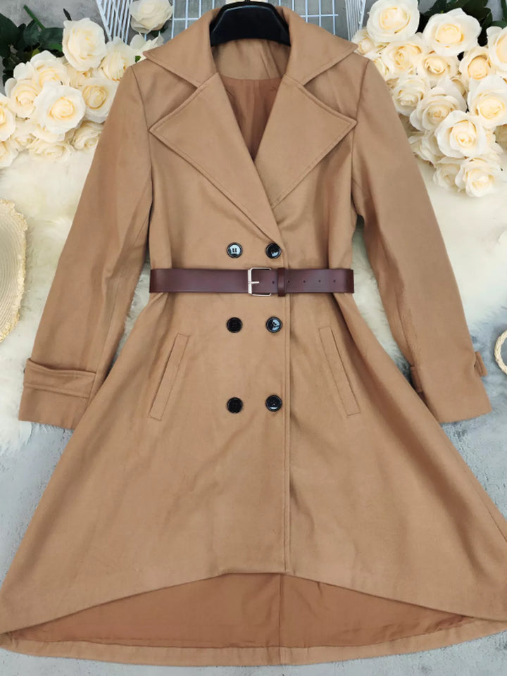 Khaki Double-breasted belted midi coat with notch lapel