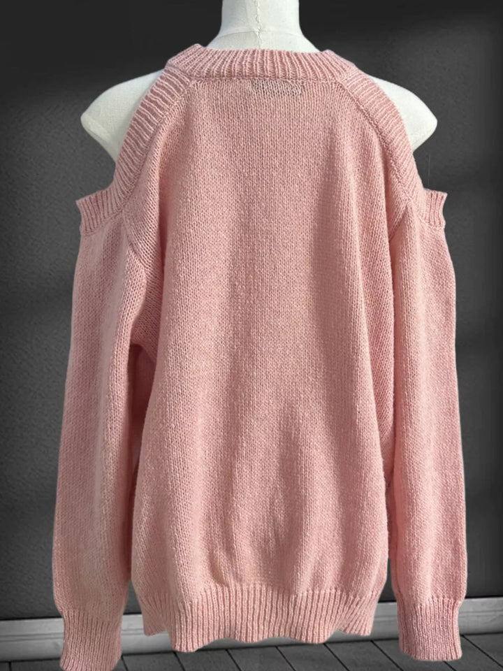Cold shoulder ribbed knit crew neck sweater