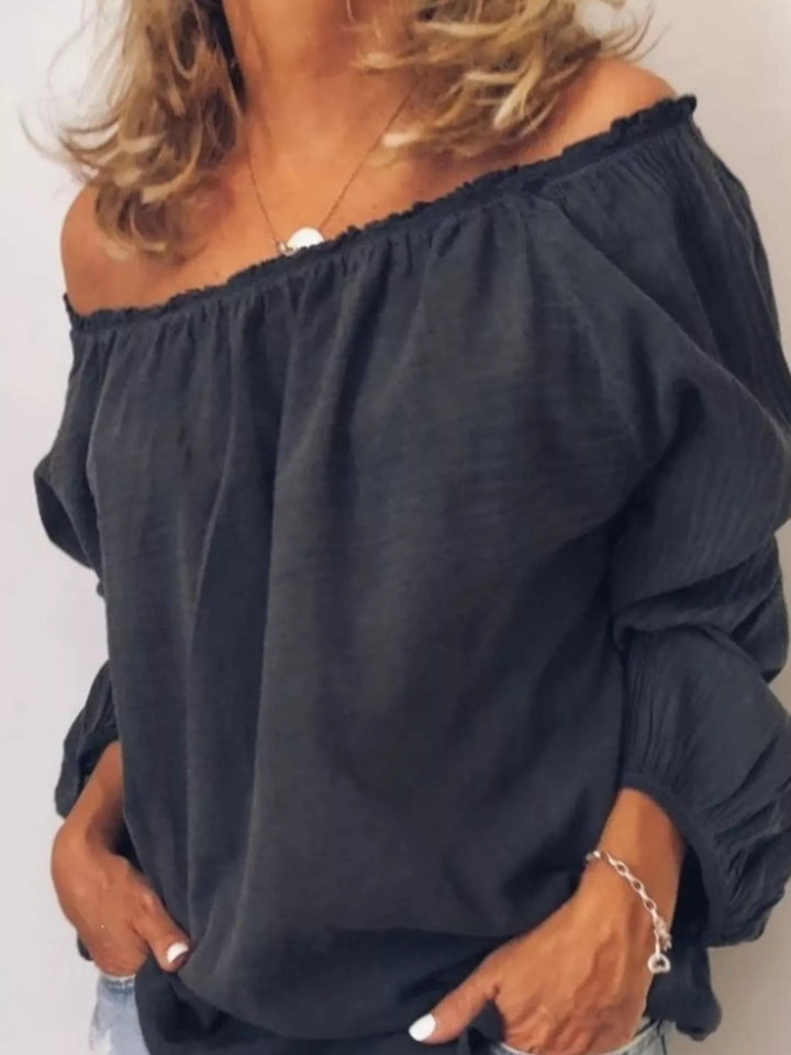 Off-shoulder ruffle-neck blouse with long puff sleeves
