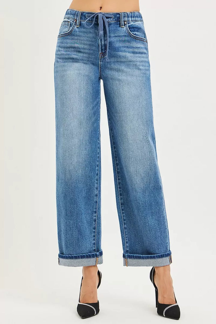 Drawstring slouch boyfriend jeans with cuffed ankle hem