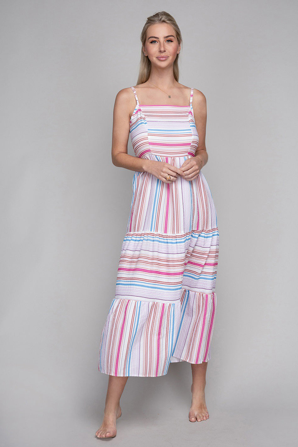 Striped Print Ruffle Hem Cami Dress - Azoroh