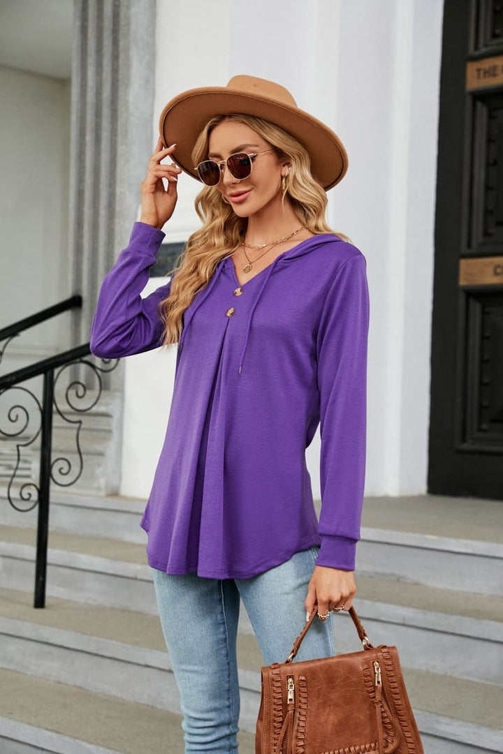 Hooded drawstring tunic blouse with button placket