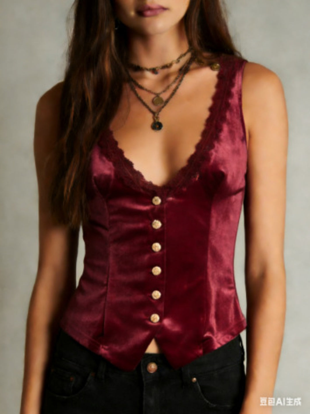 Red Lace-trim velvet vest top with gold buttons