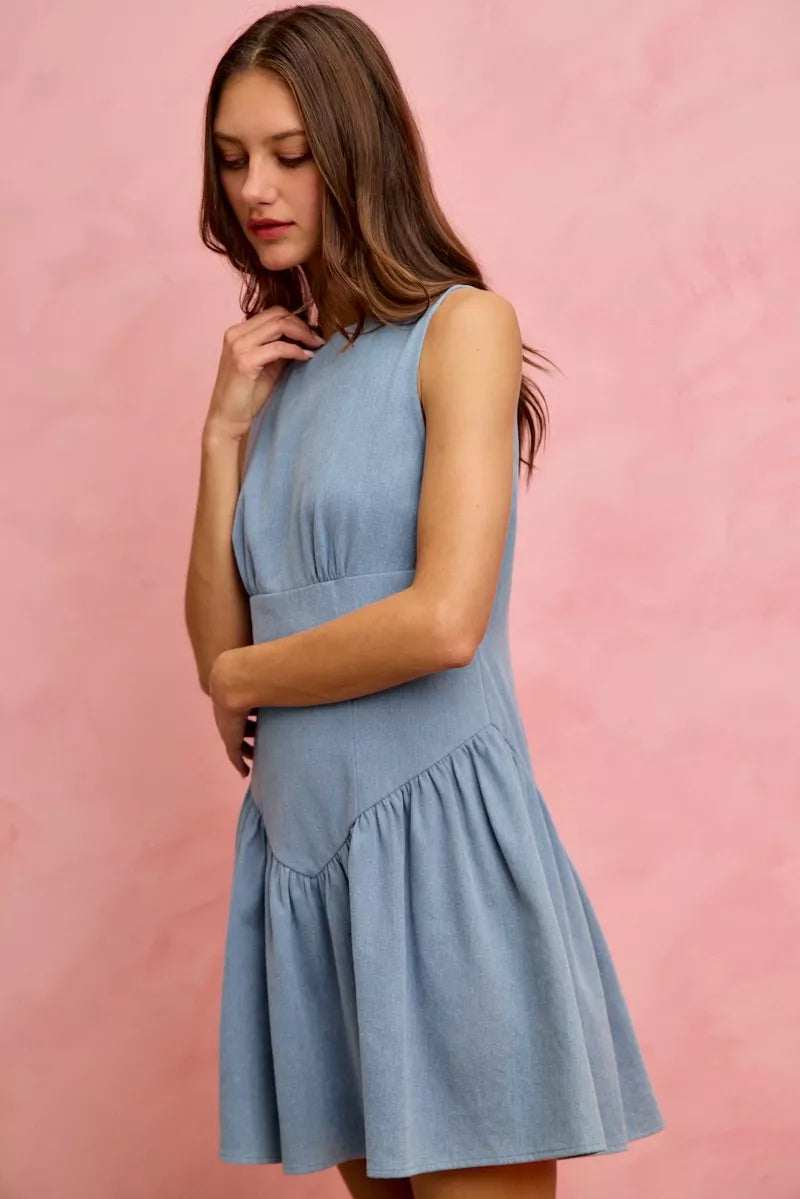 Sleeveless boat neck denim mini dress with flounce hem