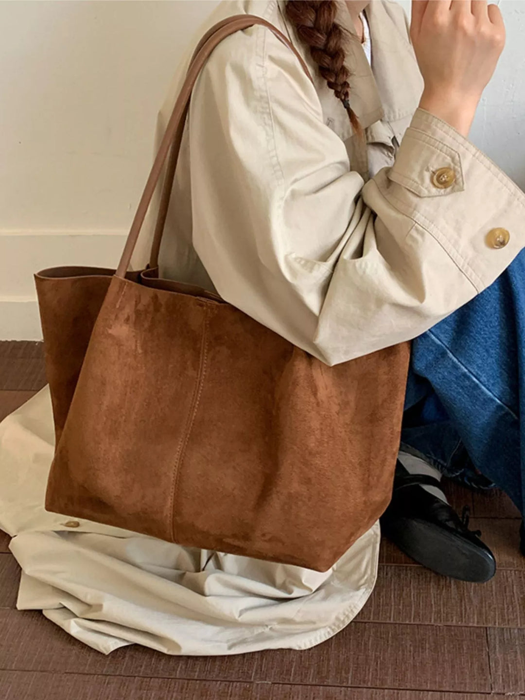 Oversized suede tote bag with slim shoulder straps