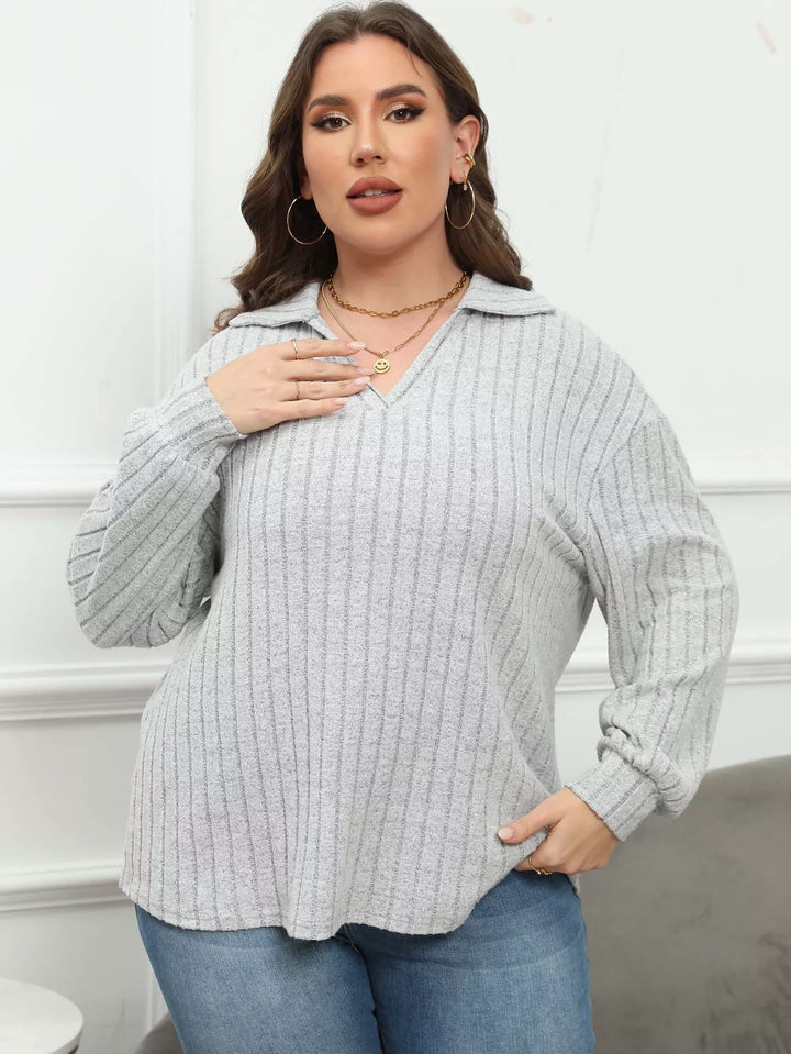 Plus size ribbed knit polo collar long-sleeve top