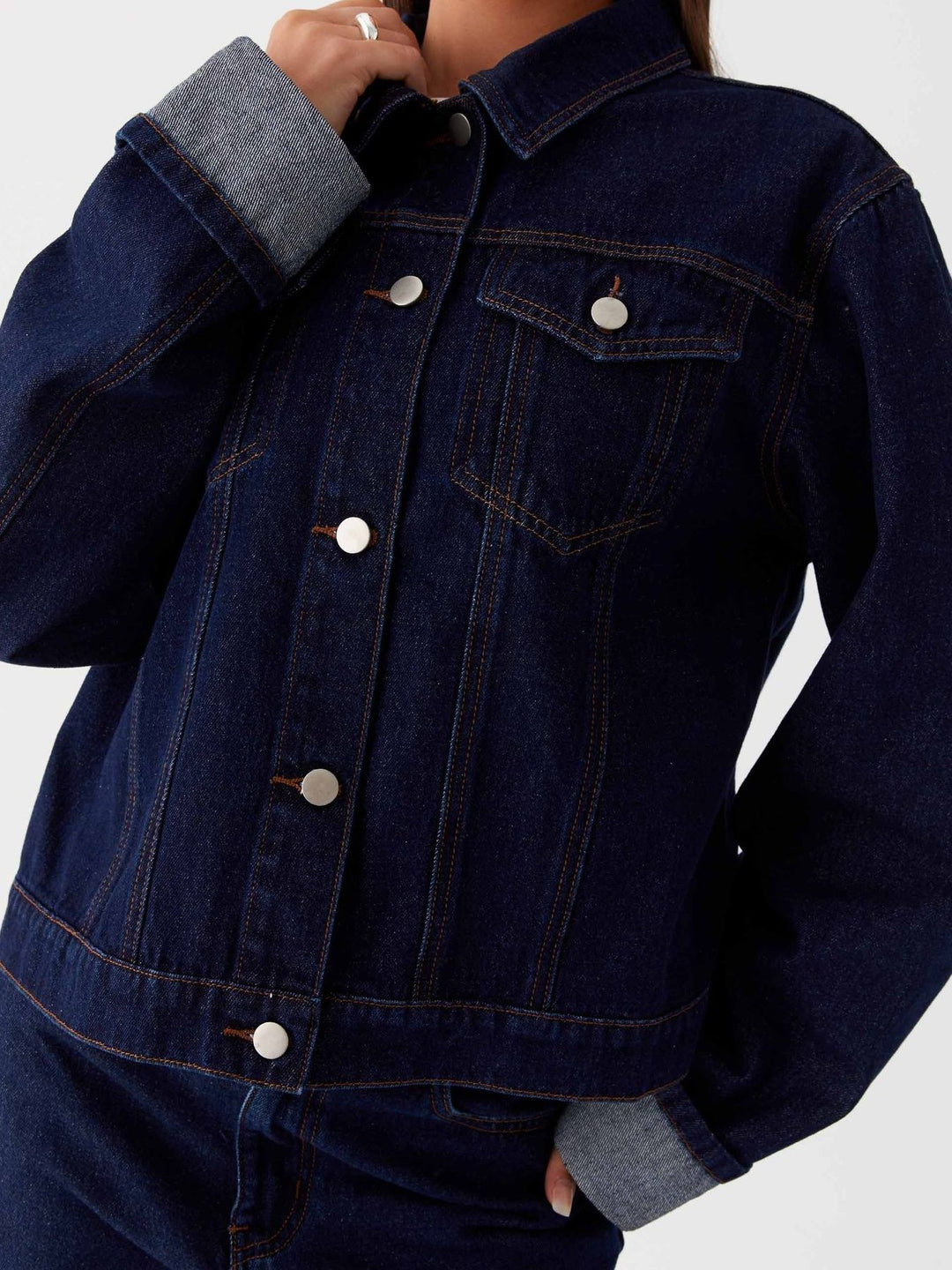Oversized cropped denim jacket with chest flap pockets