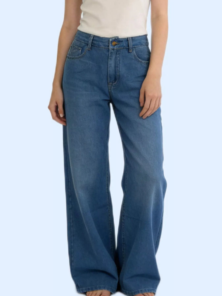 Dark Blue High-rise wide-leg jeans in faded mid-wash denim