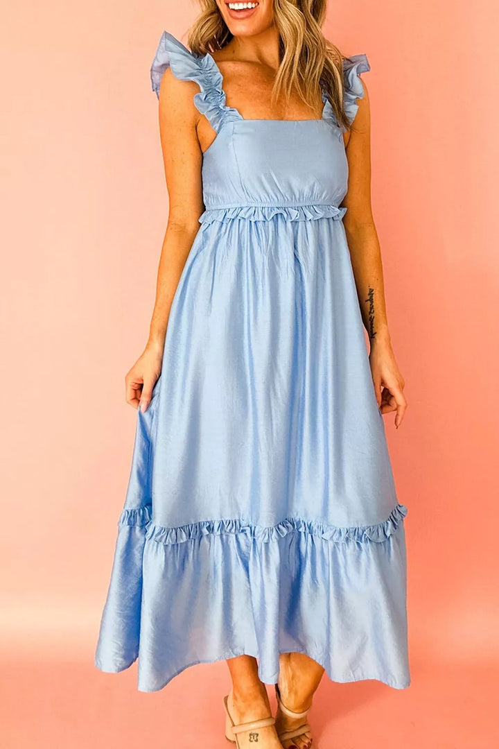 Ruffle strap square neck high waist tiered midi dress