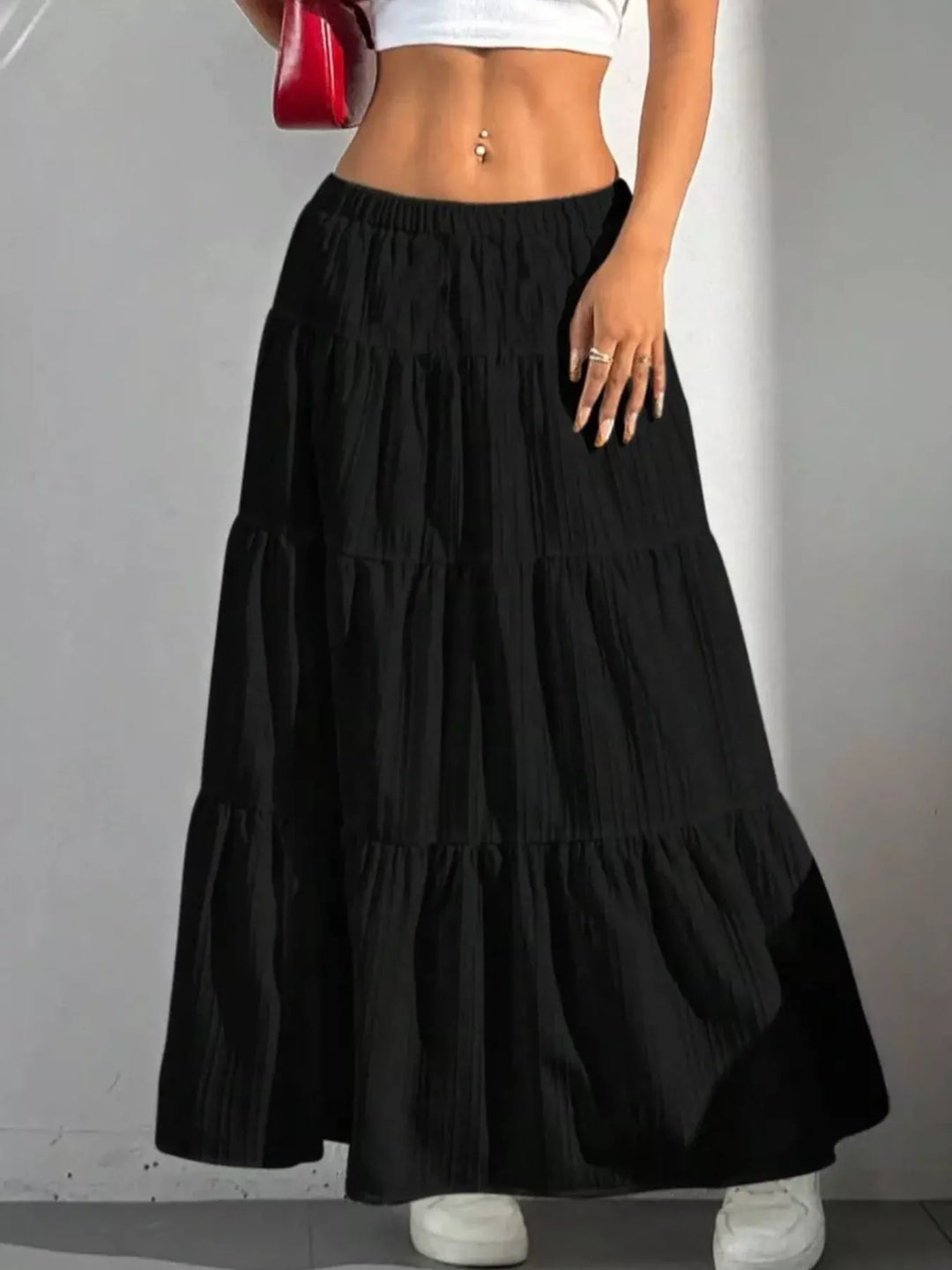 Tiered ruched maxi skirt with elastic waist