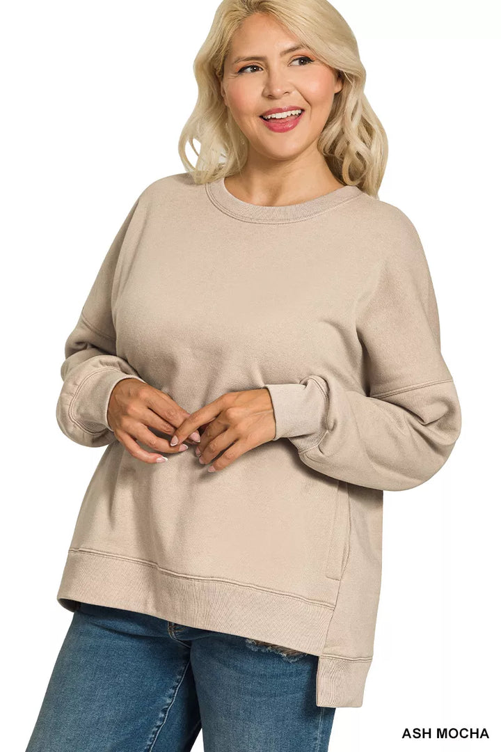 Hi-low fleece boyfriend sweatshirt with side pockets