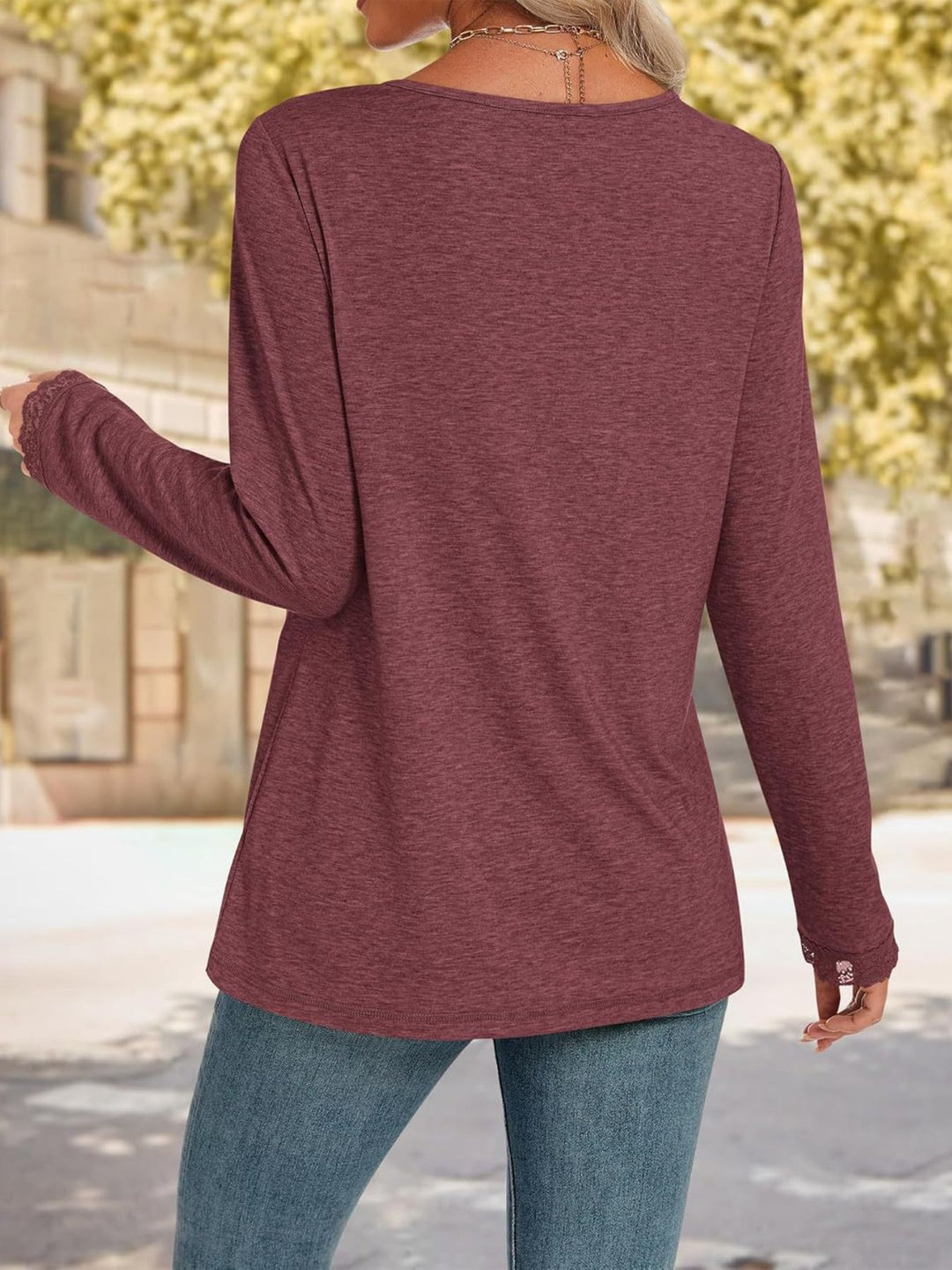 Lace trim V-neck long sleeve top with lace cuffs