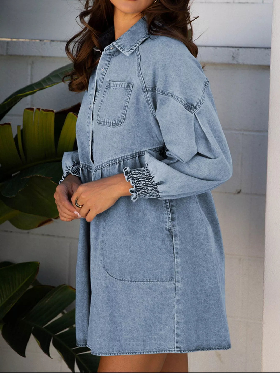 Smocked cuff flared denim mini shirt dress with patch pockets