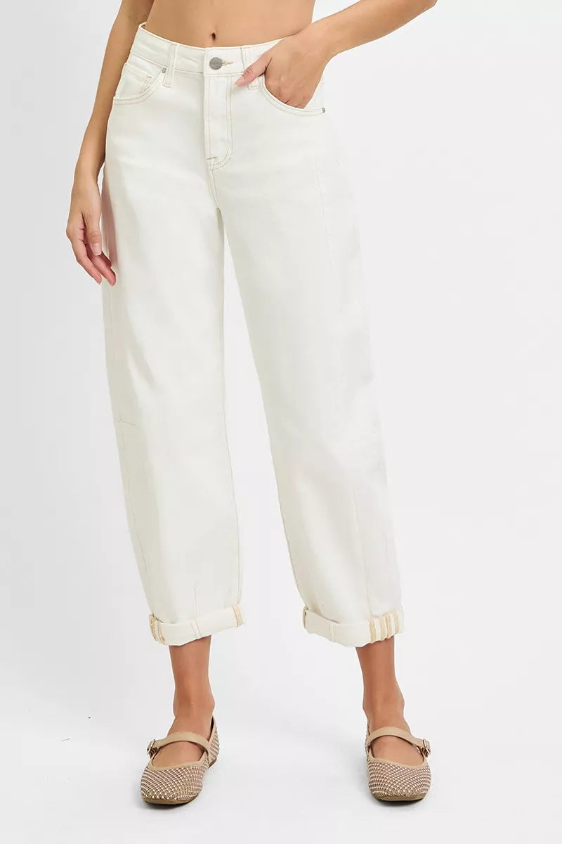High-rise barrel-leg cropped jeans with rolled cuffs