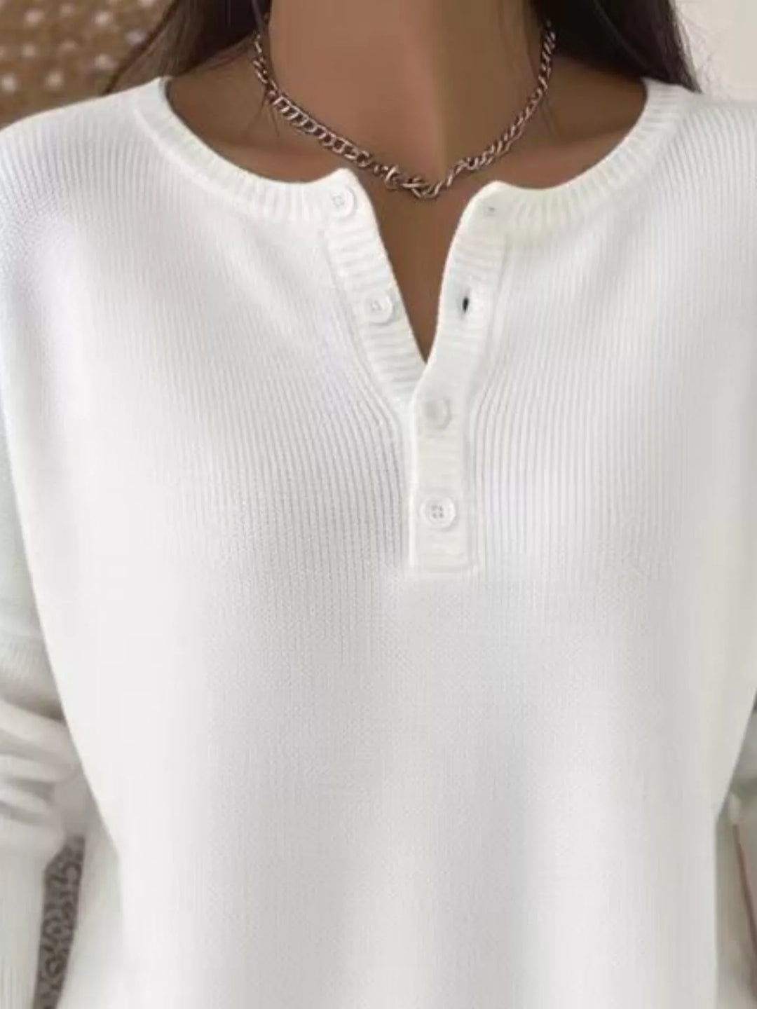Henley button knit sweater with ribbed trim