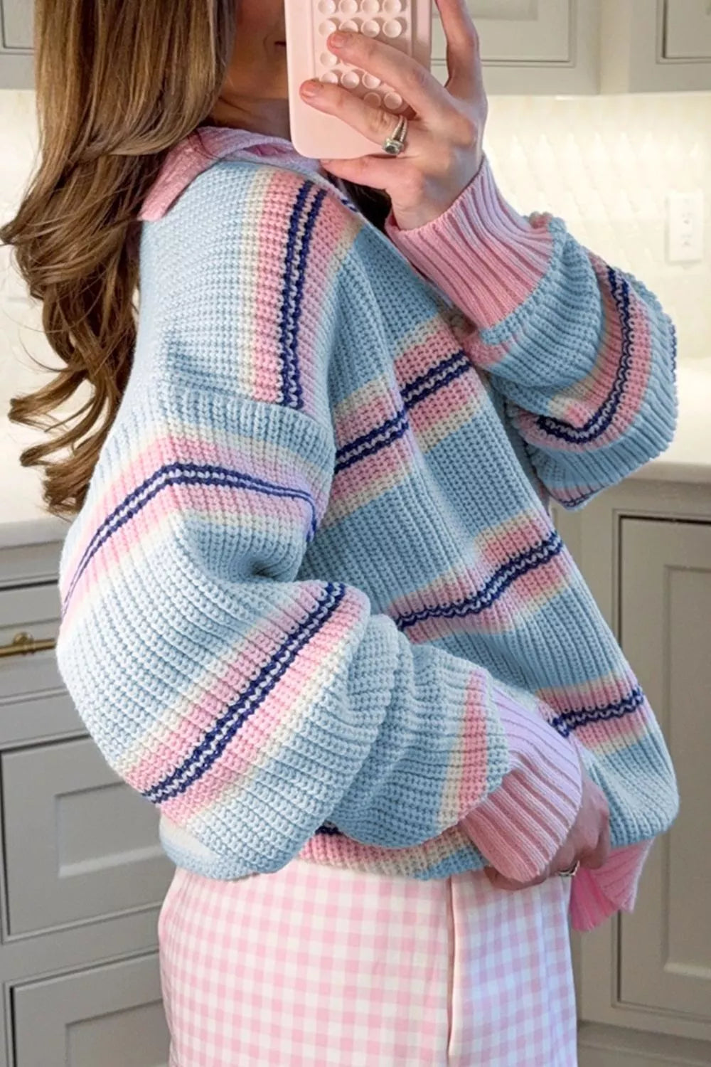 Striped ribbed knit button-collar pullover sweater