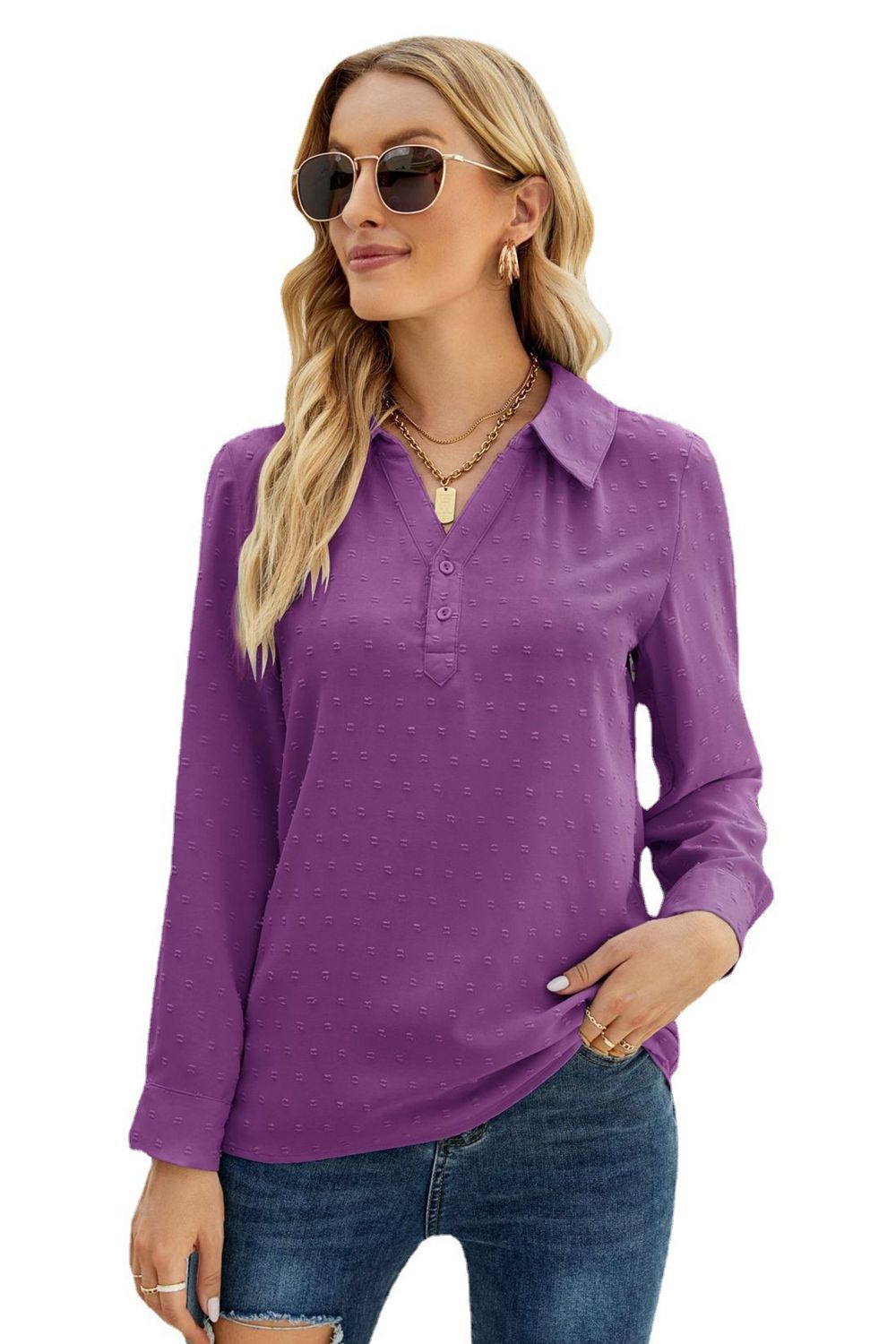 Swiss dot Johnny collar blouse with roll-tab long sleeves