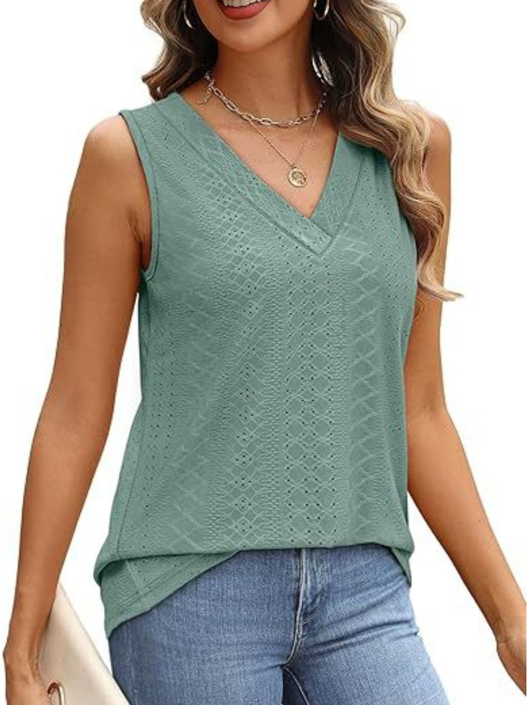 Eyelet V-neck sleeveless tank with diamond texture