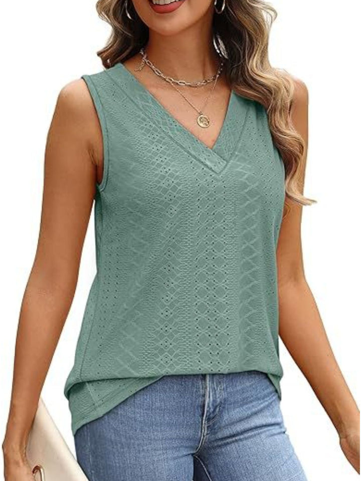Eyelet V-neck sleeveless tank with diamond texture