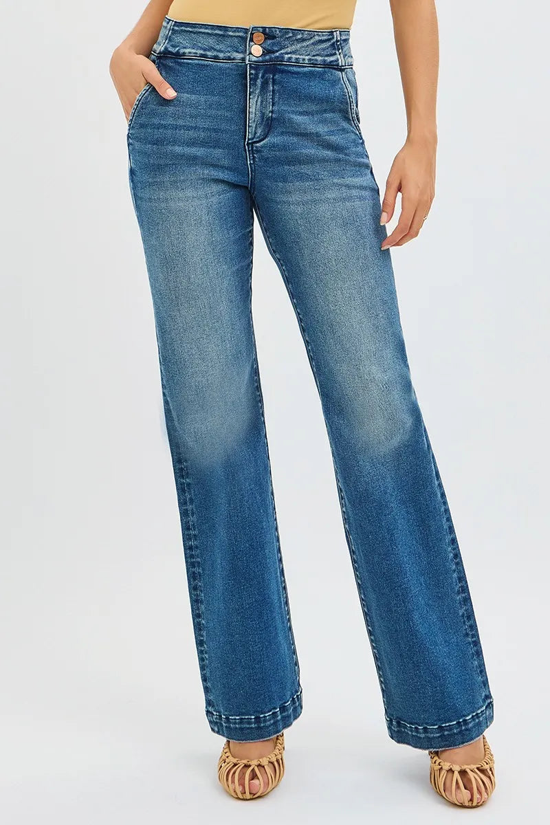 High-rise tummy-control bootcut jeans with double-button waistband