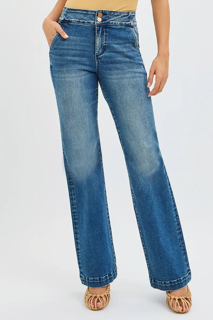 High-rise tummy-control bootcut jeans with double-button waistband