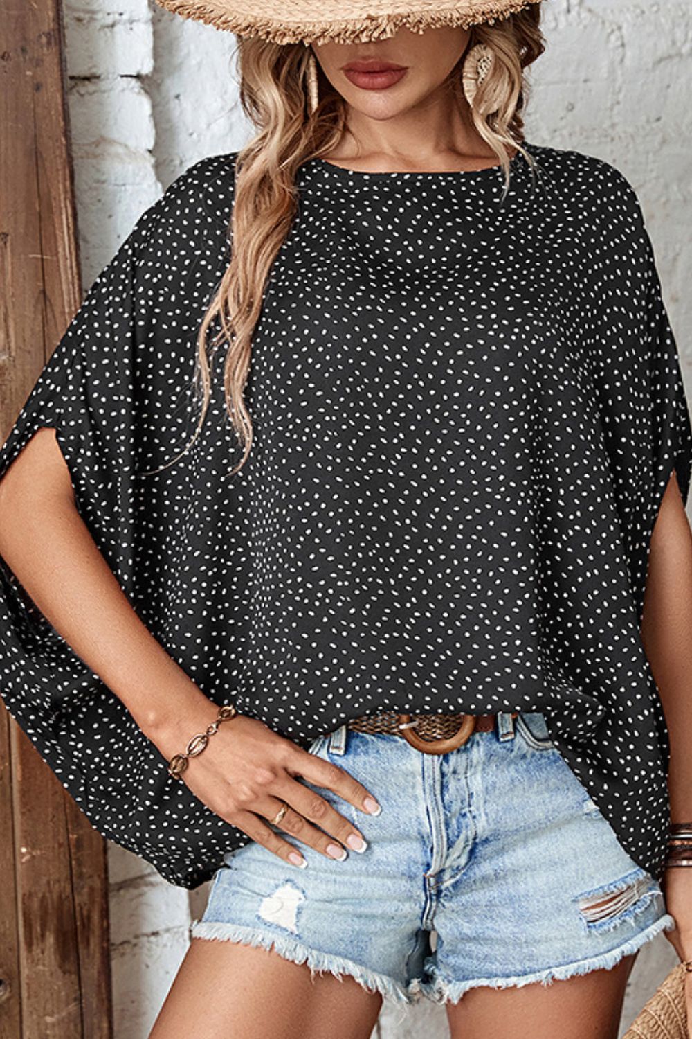 Speckled dot dolman sleeve round neck blouse