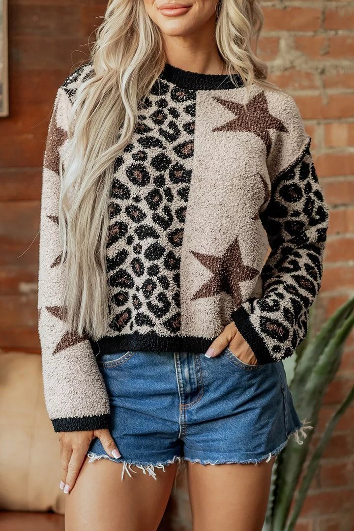 Leopard and star colorblock fuzzy knit pullover sweater
