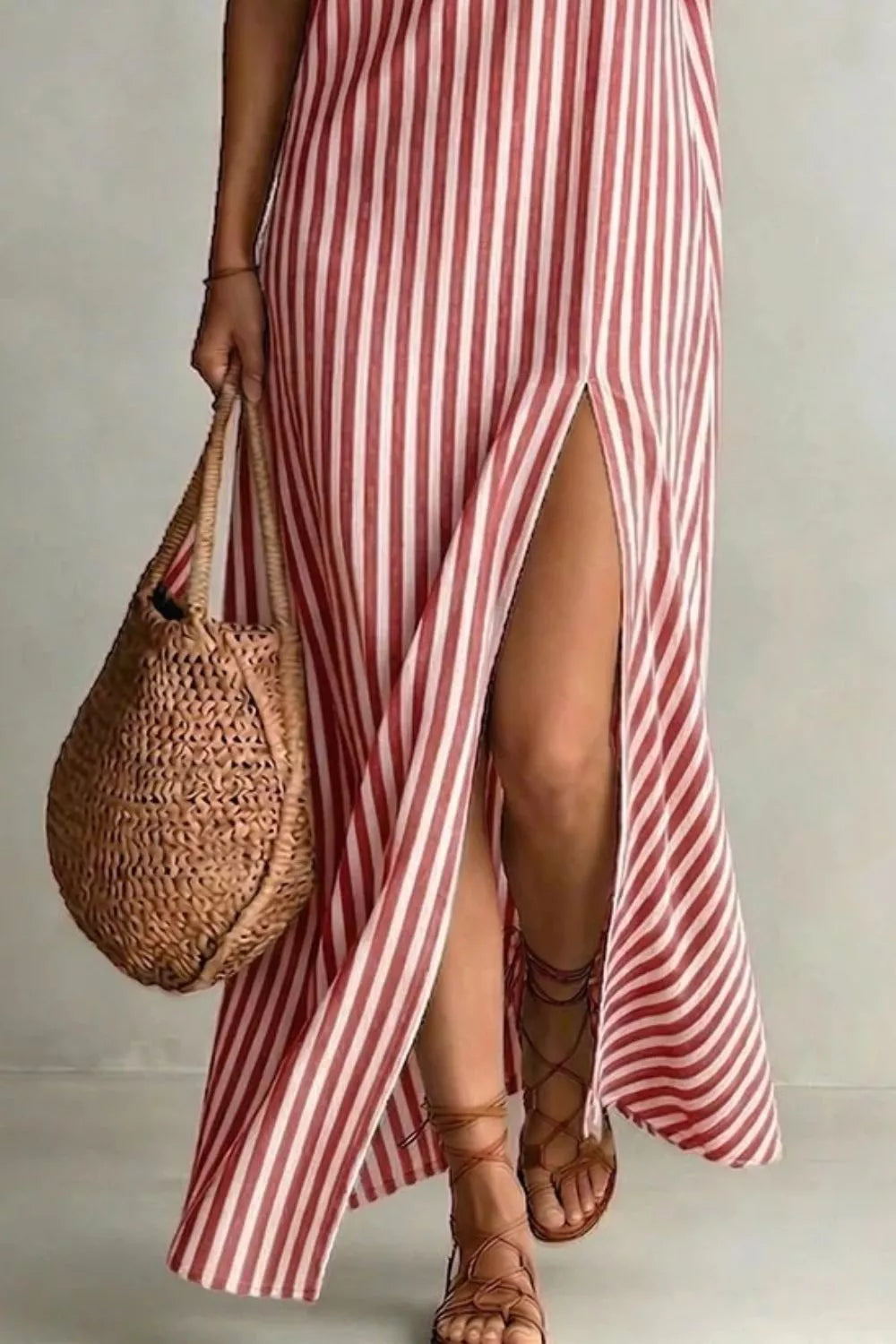 Striped collared maxi dress with high front slit