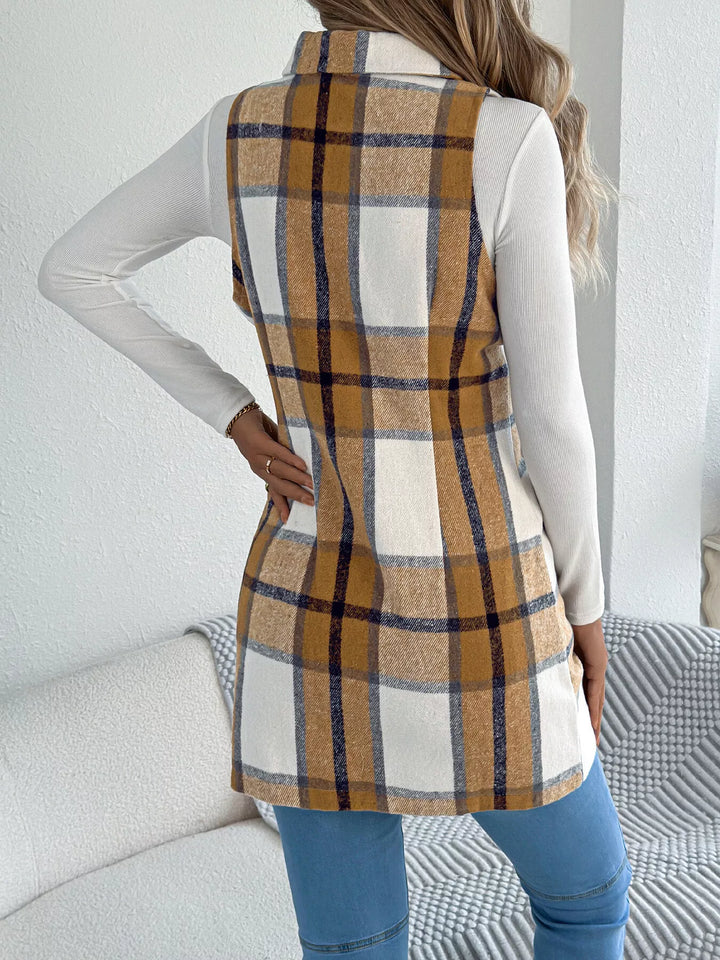 Plaid double-breasted longline vest coat with notched lapel