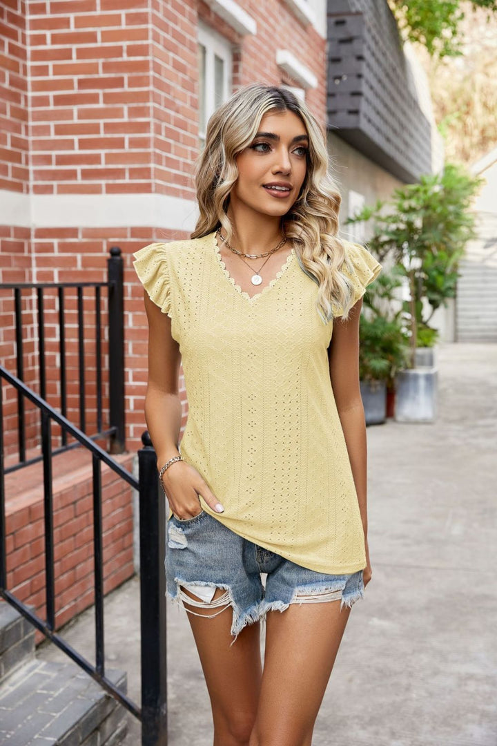 Eyelet flutter sleeve top with scalloped V-neck