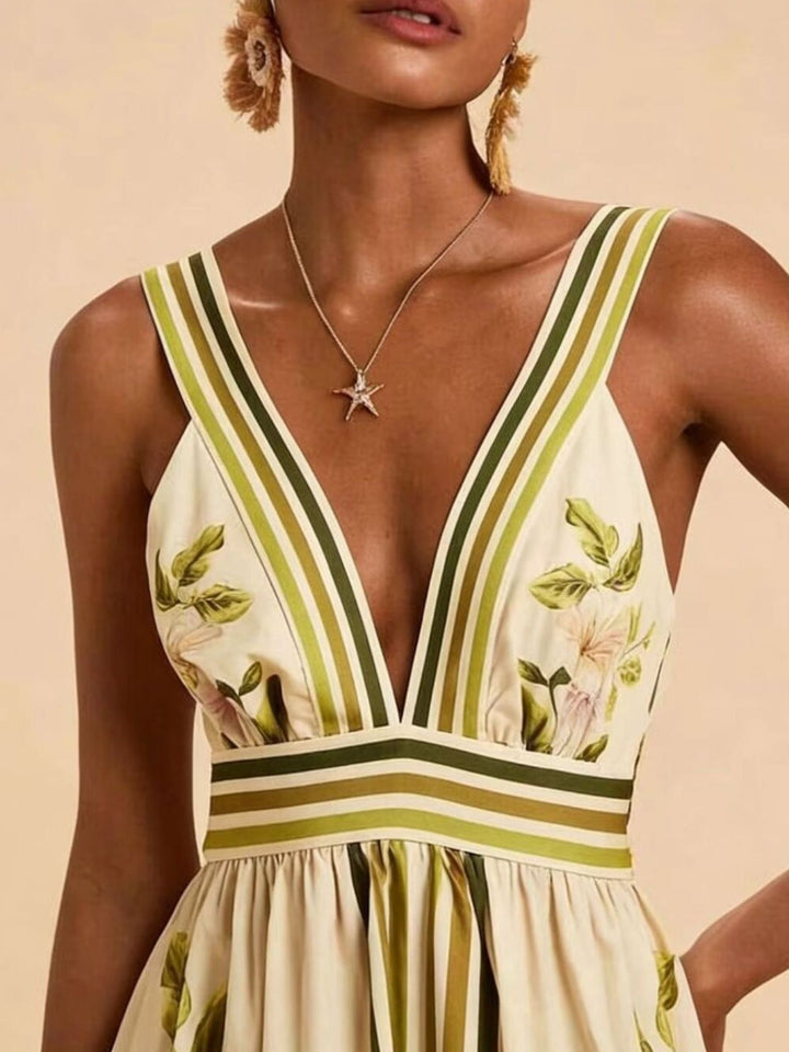 Tropical floral V-neck maxi dress with striped trim and smocked back