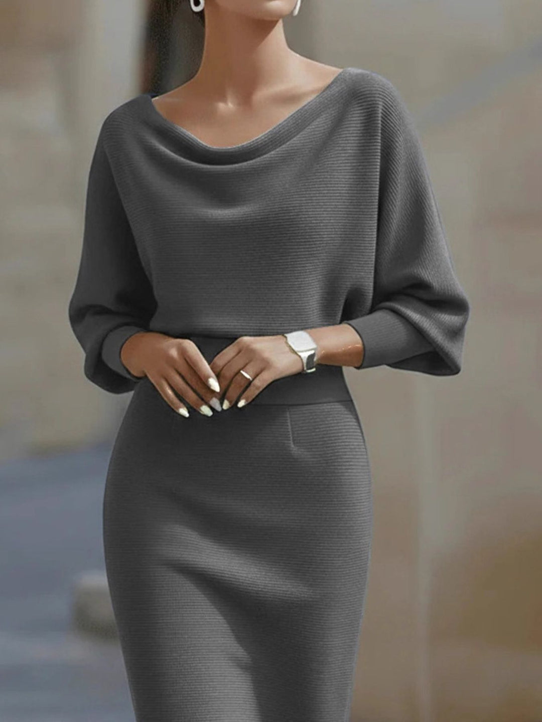 Cowl neck batwing ribbed knit bodycon midi dress