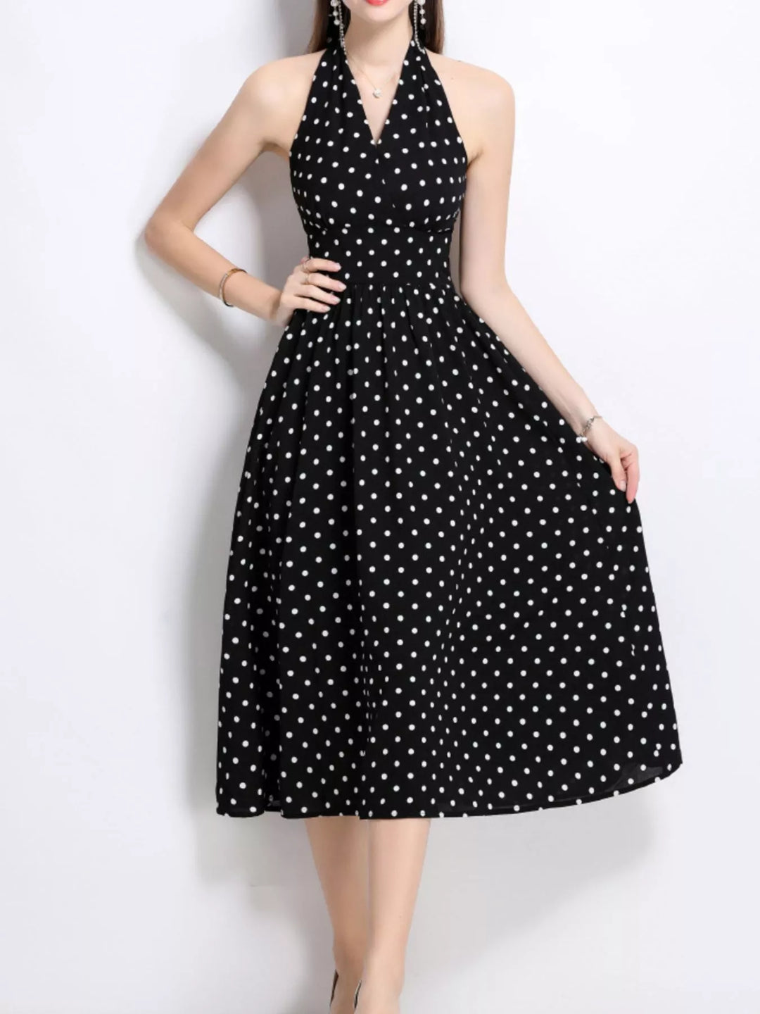 Polka dot halter midi dress with full A-line skirt