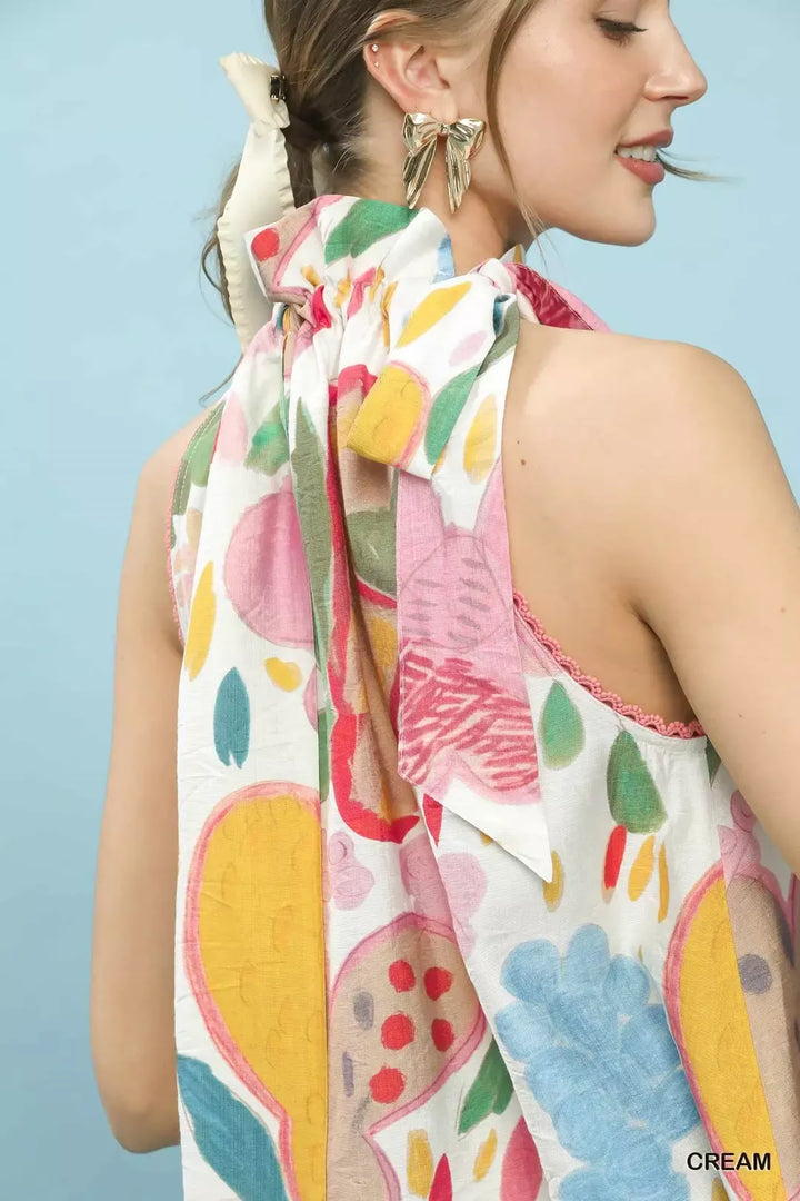 Painted floral halter tie-neck boho top with lace trim